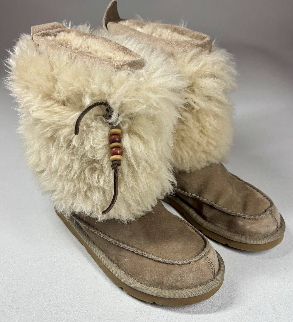 Vintage UGG Australia Rainier Sheepskin Fur Boots Womens 6 Tan Boho Y2K Rare